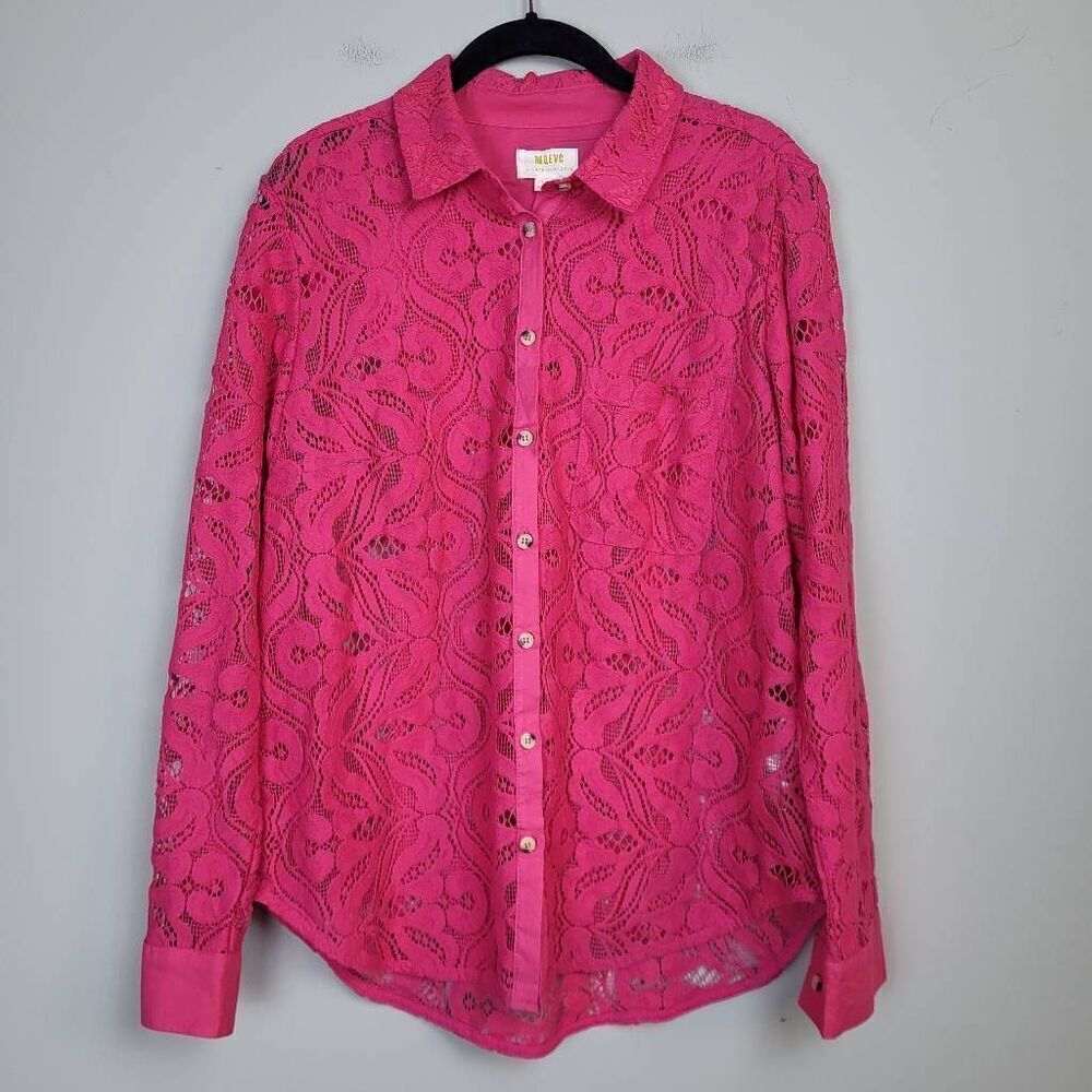 Maeve Womens Lace Tunic Top Pink Size 12 Roll Tab Sleeves Cutouts Button Down